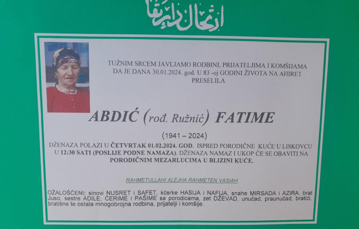 Fatime Rrubjeka Na Ahiret preselila ABDIĆ (rođ. Ružnić) FATIME