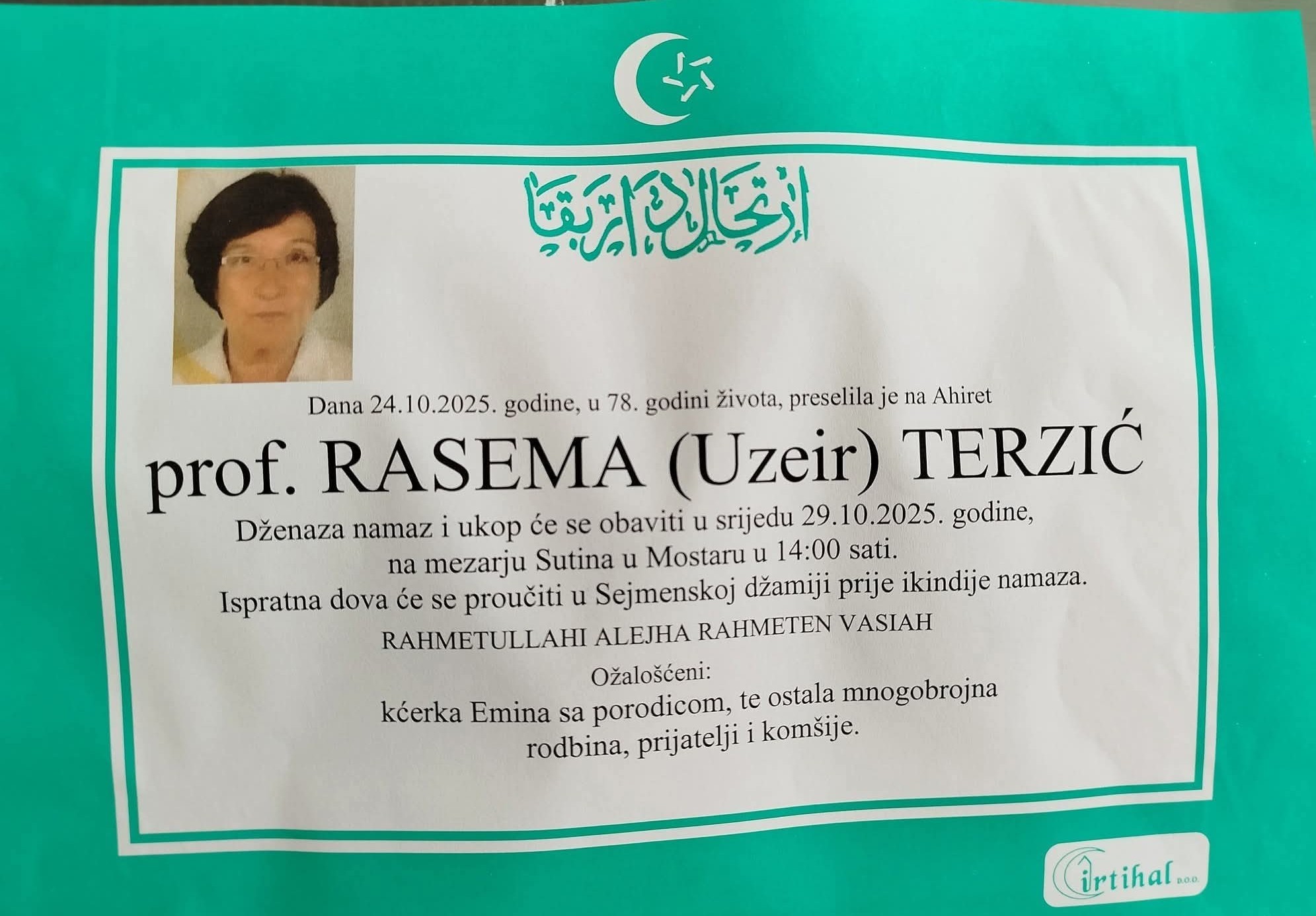 Uzeir Rae's Na Ahiret preselila prof. Rasema (Uzeir) Terzić
