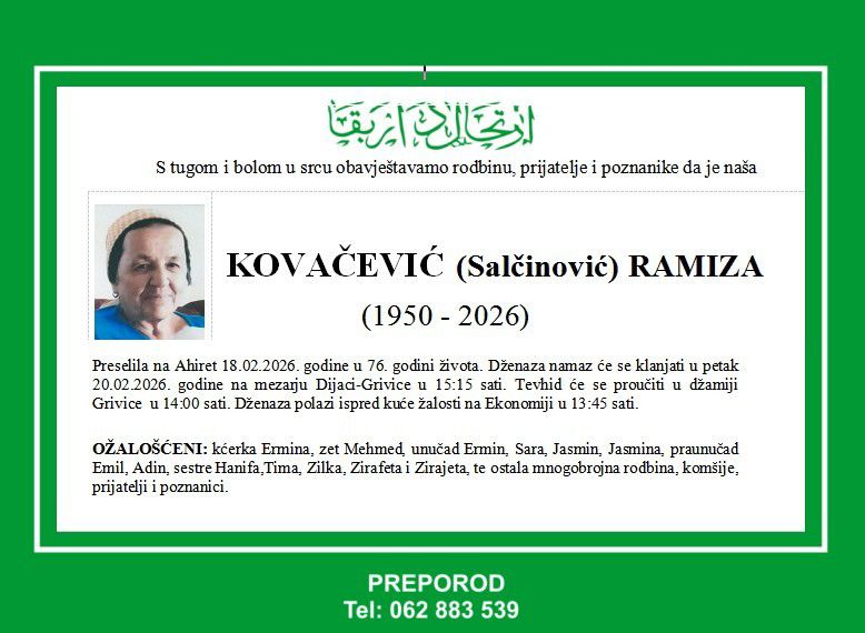 Na Ahiret preselila Kovačević (Salčinović) Ramiza