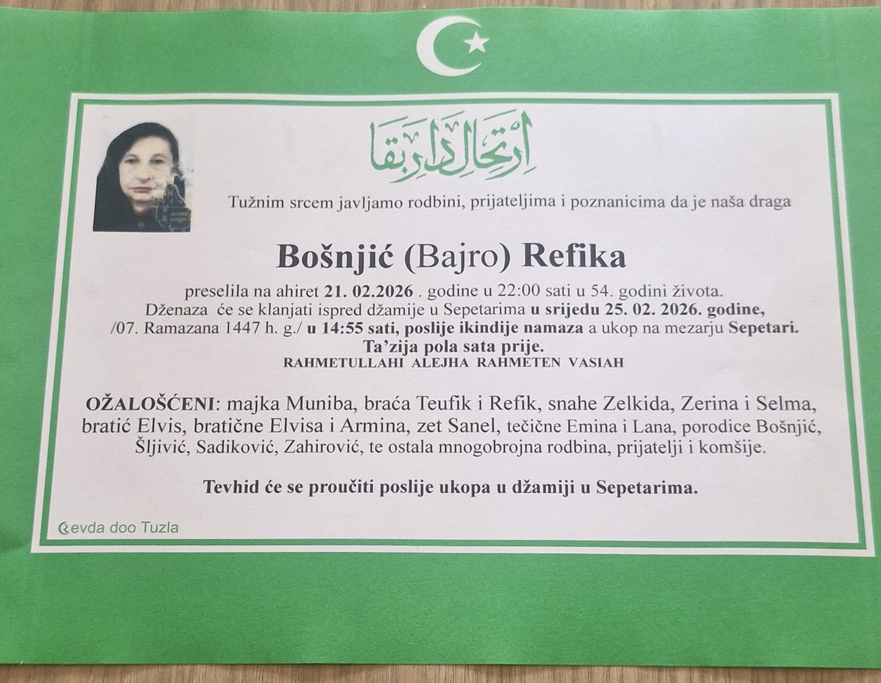 Na Ahiret preselila Bošnjić (Bajro) Refika